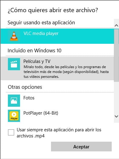 Cuadro para seleccionar otra aplicación en Windows.