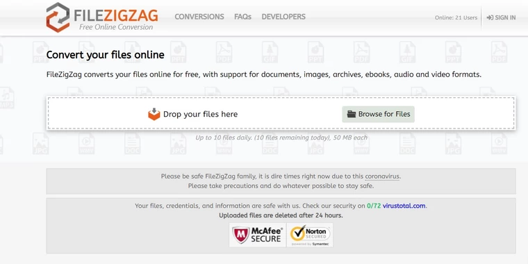  Interfaz de la página web de FileZigZag