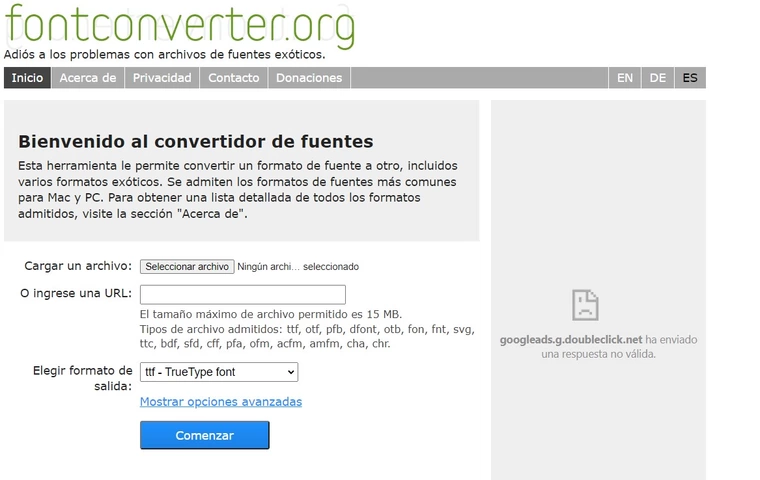 Interfaz del convertidor de archivos FontConverter