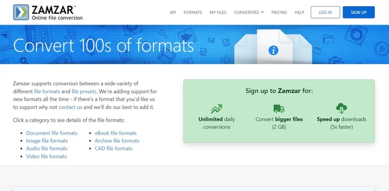 Interfaz de la página web de ZAMZAR