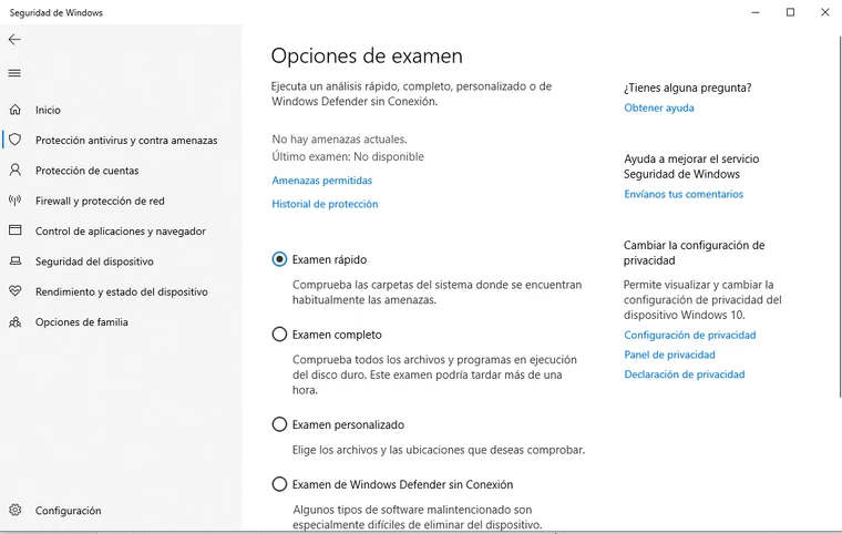 Opciones de examen de Windows Defender.