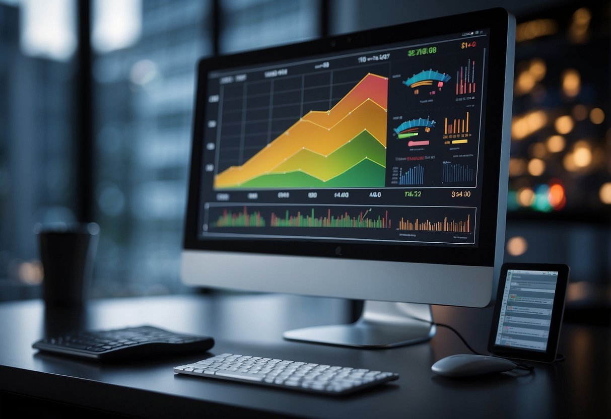 Estrategias de Monitorización de Rendimiento en Aplicaciones Web: Cómo Mejorar el Rendimiento de Tu Sitio Web 3 A computer screen displaying performance monitoring tools for web applications. Graphs and charts show data analysis